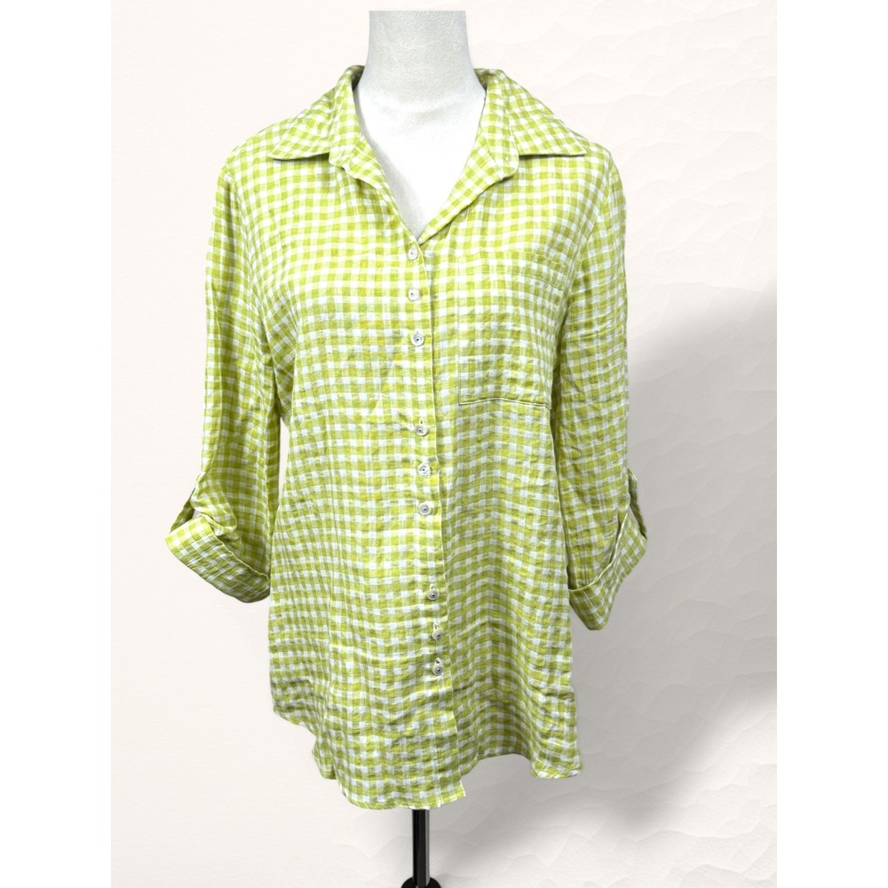 Sharon Young Gingham Lace Up Back Shirt‎ Womens S Green Cottagecore Linen Blend